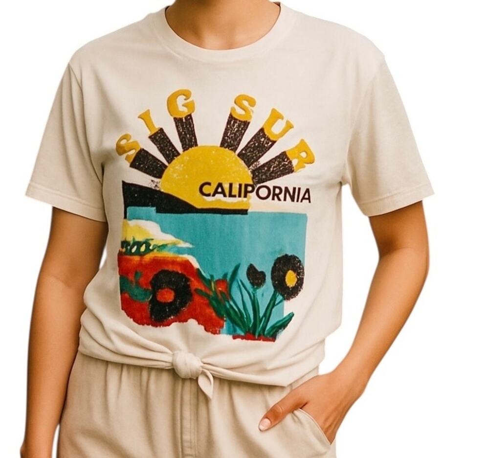 Micas Women's Large White Big Sur Graphic Padded-Shoulder Knot Hem T-Shirt